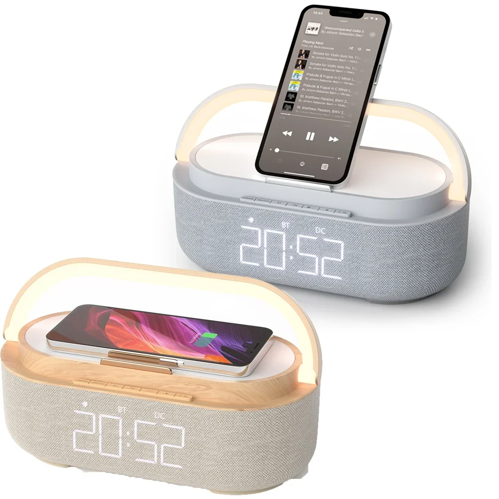 Awake & Charge: Sleek 15W Wireless Charger & Bluetooth Speaker with FM Alarm - Your Bedside Essential