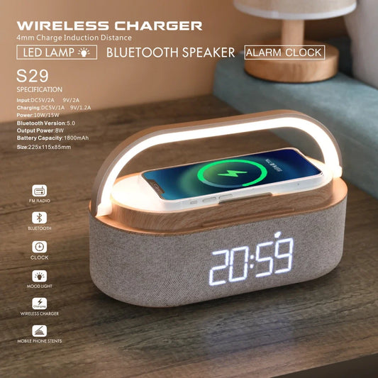 Awake & Charge: Sleek 15W Wireless Charger & Bluetooth Speaker with FM Alarm - Your Bedside Essential